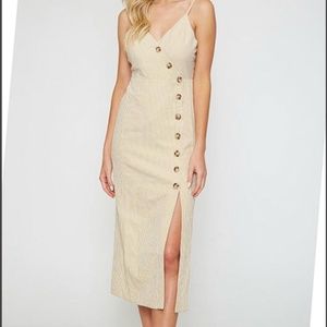 Pinstripe button trim midi dress.
